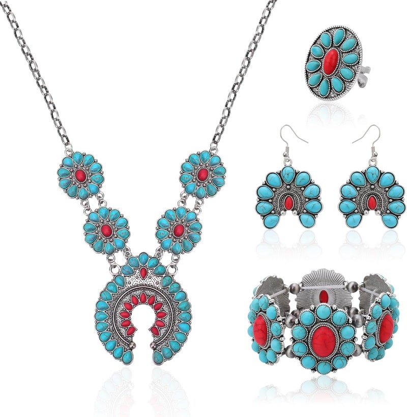 JMScape 4 PCS Western Turquoise Jewelry for Women Boho Vintage Navajo Pearl Necklace Earring Bracelet Ring Set Country Cowgirl Accessories for Gift - Image 1
